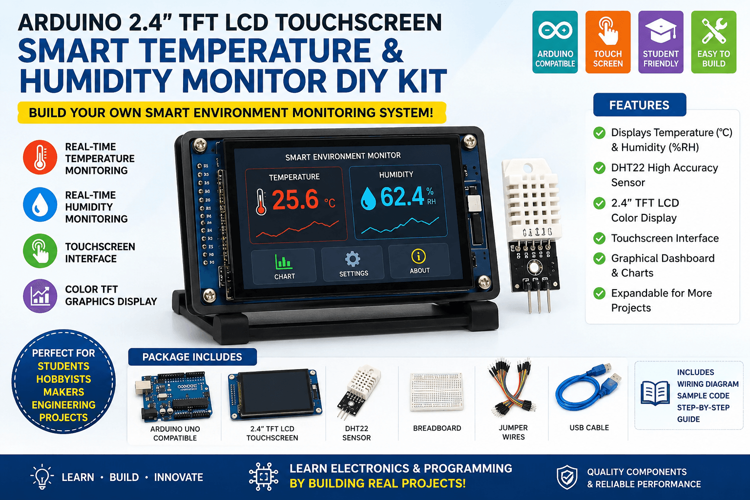 Arduino 2.4" TFT LCD Touchscreen Smart Temperature & Humidity Monitor DIY Kit